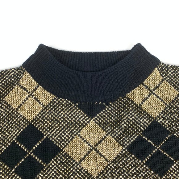 Vintage Holiday Time Christmas Sweater Gold Argyle - Picture 3 of 9